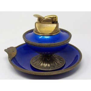 Evans Elegance Blue Enamel & Brass Guilloche Pedestal Table Lighter & Ashtray